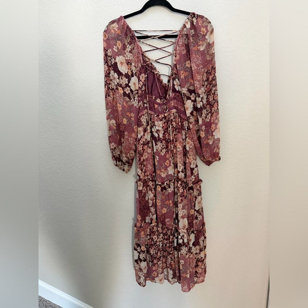 Altar'd State Billy Patchwork Maxi Dress Burgundy Floral Lace Up XS Cottagecore - Picture 5 of 7